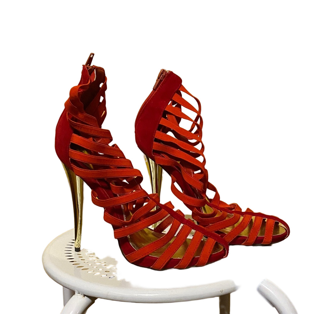 Liliana Phantom Caged Red Strappy Heels Size 8